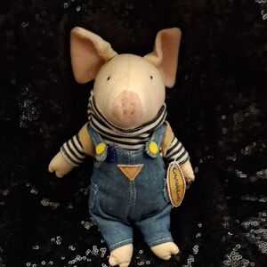 Charming Plush Pig Toy in Denim and Stripes